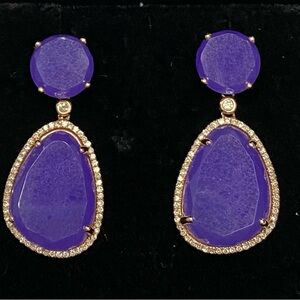 14k Solid Gold Extra Large Amethyst Diamonds Dangle Earrings